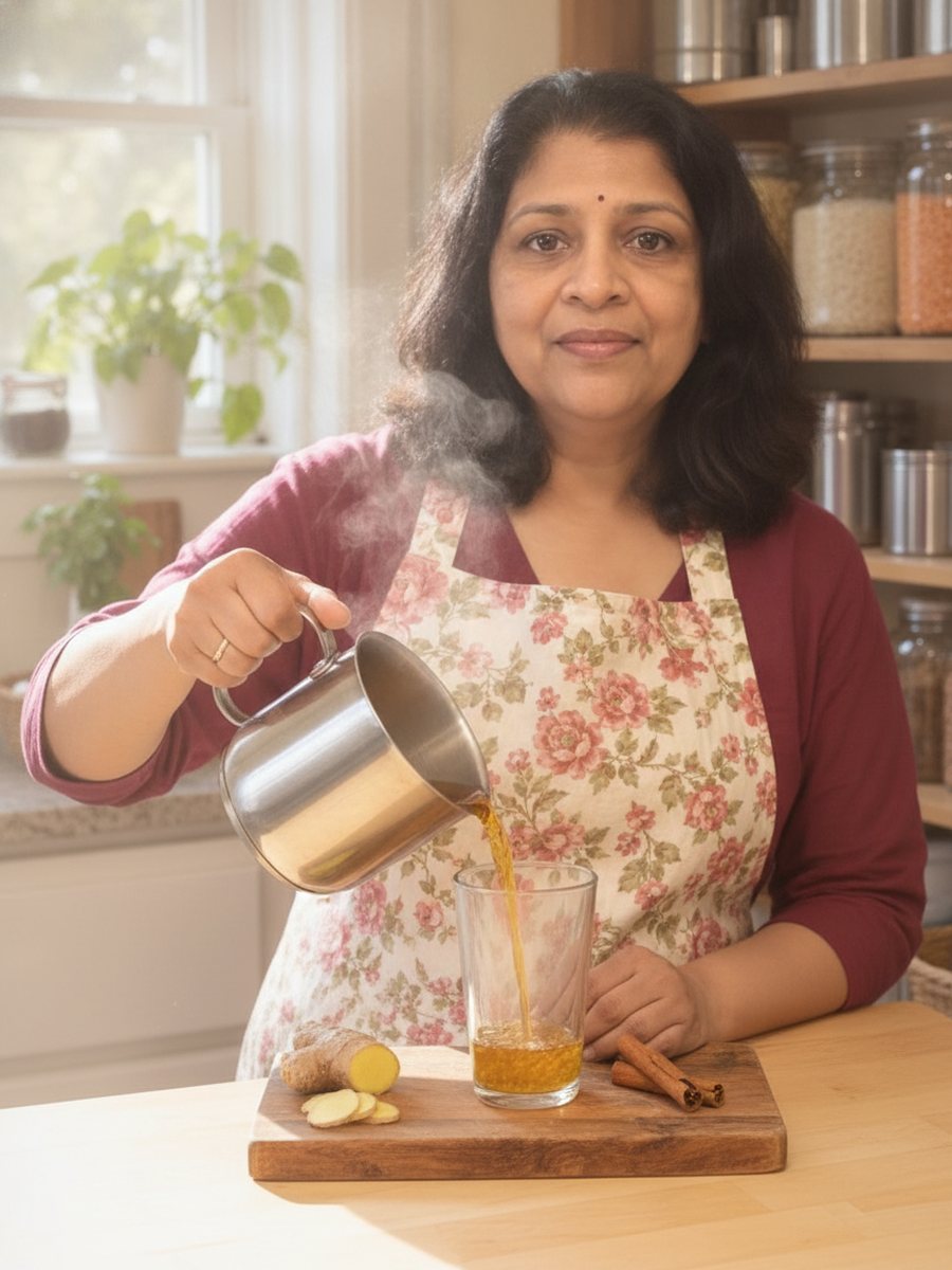 Asha pouring warm spiced water into a glass in her kitchen