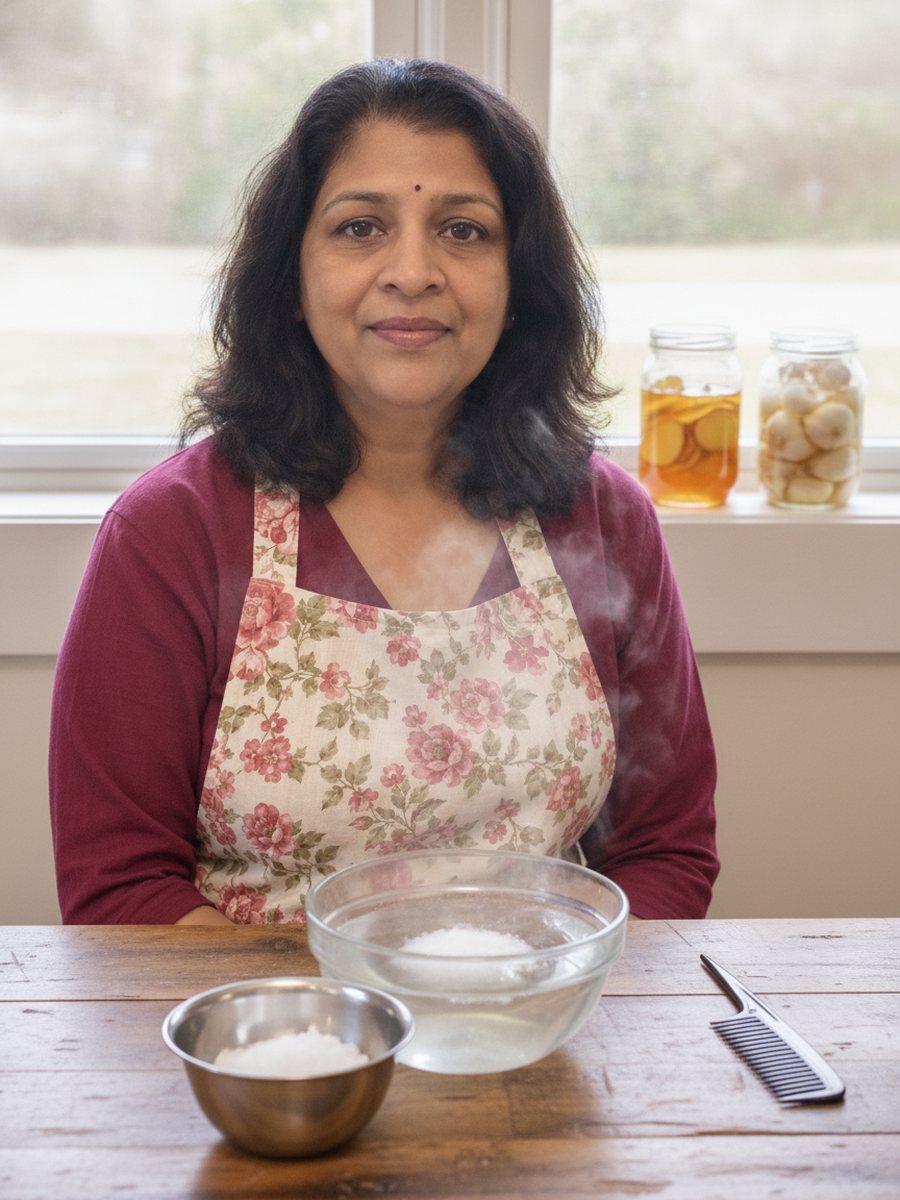 Asha at her kitchen table with a bowl of warm hair oil