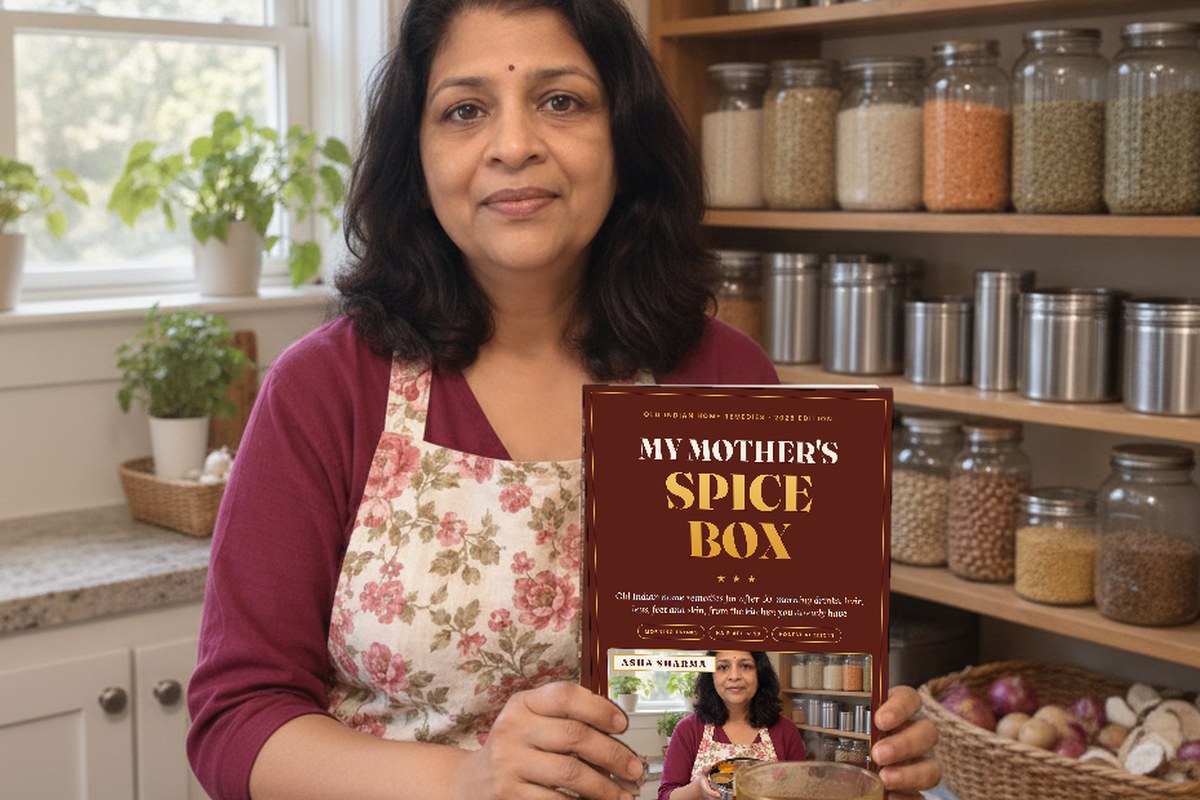 Asha at her kitchen table holding My Mother's Spice Box